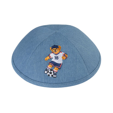 Soccer Dov Bear kippah — mid blue denim yarmulke with embroidered bear soccer player | Judaica Square Lakewood