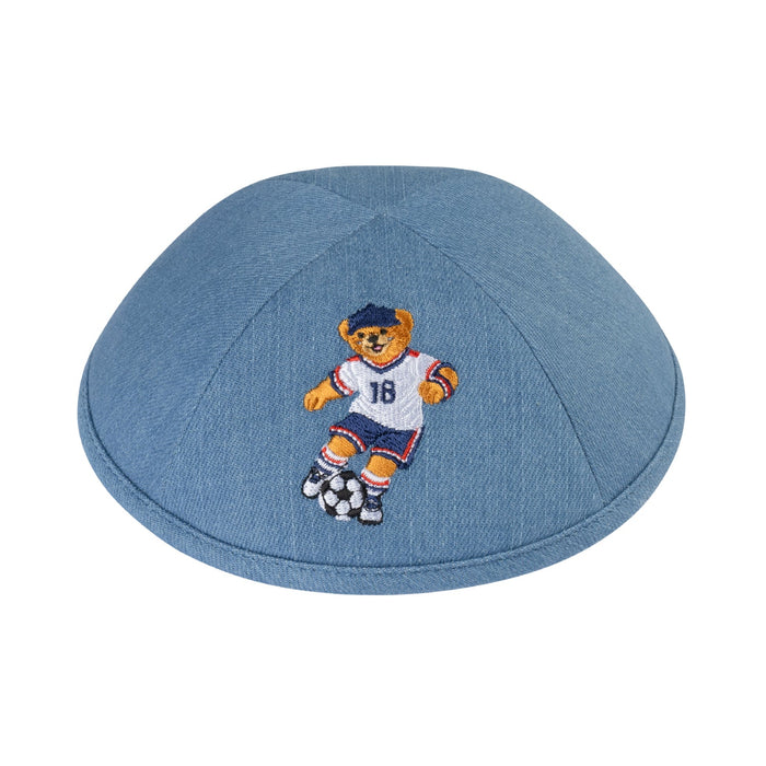 Soccer Dov Bear kippah — mid blue denim yarmulke with embroidered bear soccer player | Judaica Square Lakewood