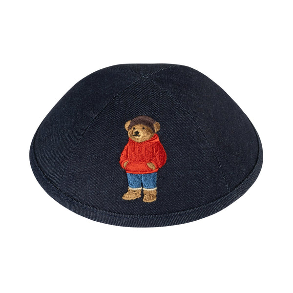 Winter Dov Bear kippah — deep navy denim yarmulke with bear in red hooded sweater and boots | Judaica Square Lakewood