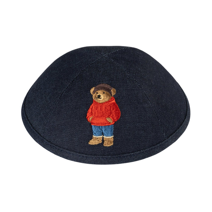 Winter Dov Bear kippah — deep navy denim yarmulke with bear in red hooded sweater and boots | Judaica Square Lakewood