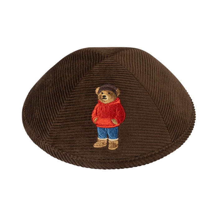 Winter Dov Bear kippah — brown corduroy yarmulke with bear in red hooded sweater and boots | Judaica Square Lakewood