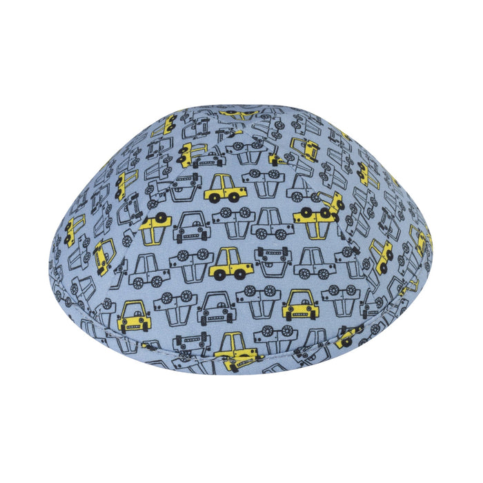 Yellow Car kippah — yellow cars and tow trucks print on light blue cotton yarmulke for boys | Judaica Square Lakewood