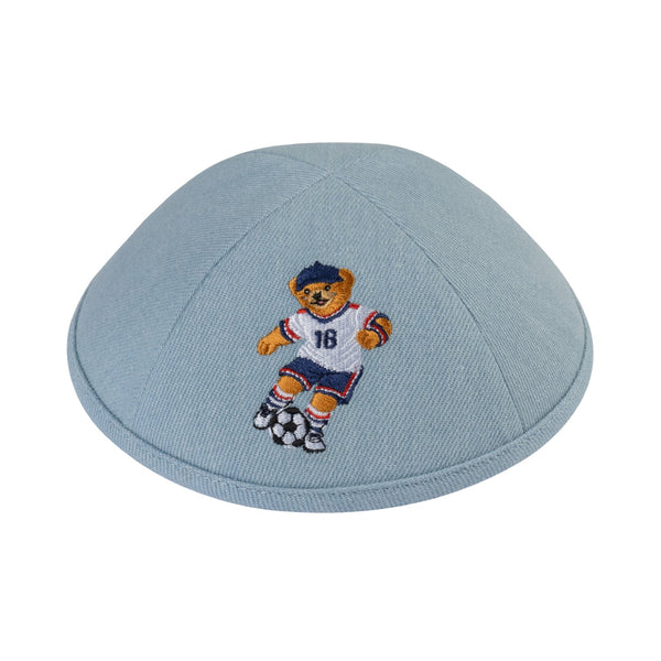 Soccer Dov Bear kippah — light blue denim yarmulke with embroidered bear soccer player | Judaica Square Lakewood