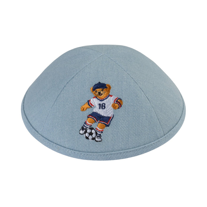 Soccer Dov Bear kippah — light blue denim yarmulke with embroidered bear soccer player | Judaica Square Lakewood