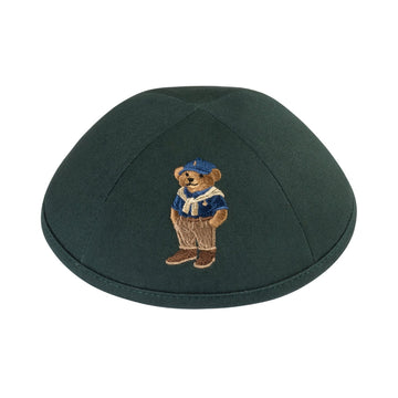 Preppy Dov Bear kippah — hunter green cotton yarmulke with bear in blue cardigan and scarf | Judaica Square Lakewood
