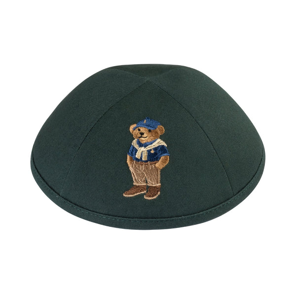 Preppy Dov Bear kippah — hunter green cotton yarmulke with bear in blue cardigan and scarf | Judaica Square Lakewood