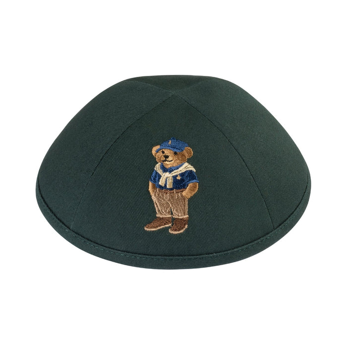 Preppy Dov Bear kippah — hunter green cotton yarmulke with bear in blue cardigan and scarf | Judaica Square Lakewood