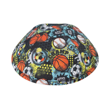 Comic sports-print kippah with basketballs, baseballs and soccer balls on black, for boys — iKippah yarmulke at Judaica Square Lakewood