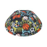 Comic sports-print kippah with basketballs, baseballs and soccer balls on black, for boys — iKippah yarmulke at Judaica Square Lakewood