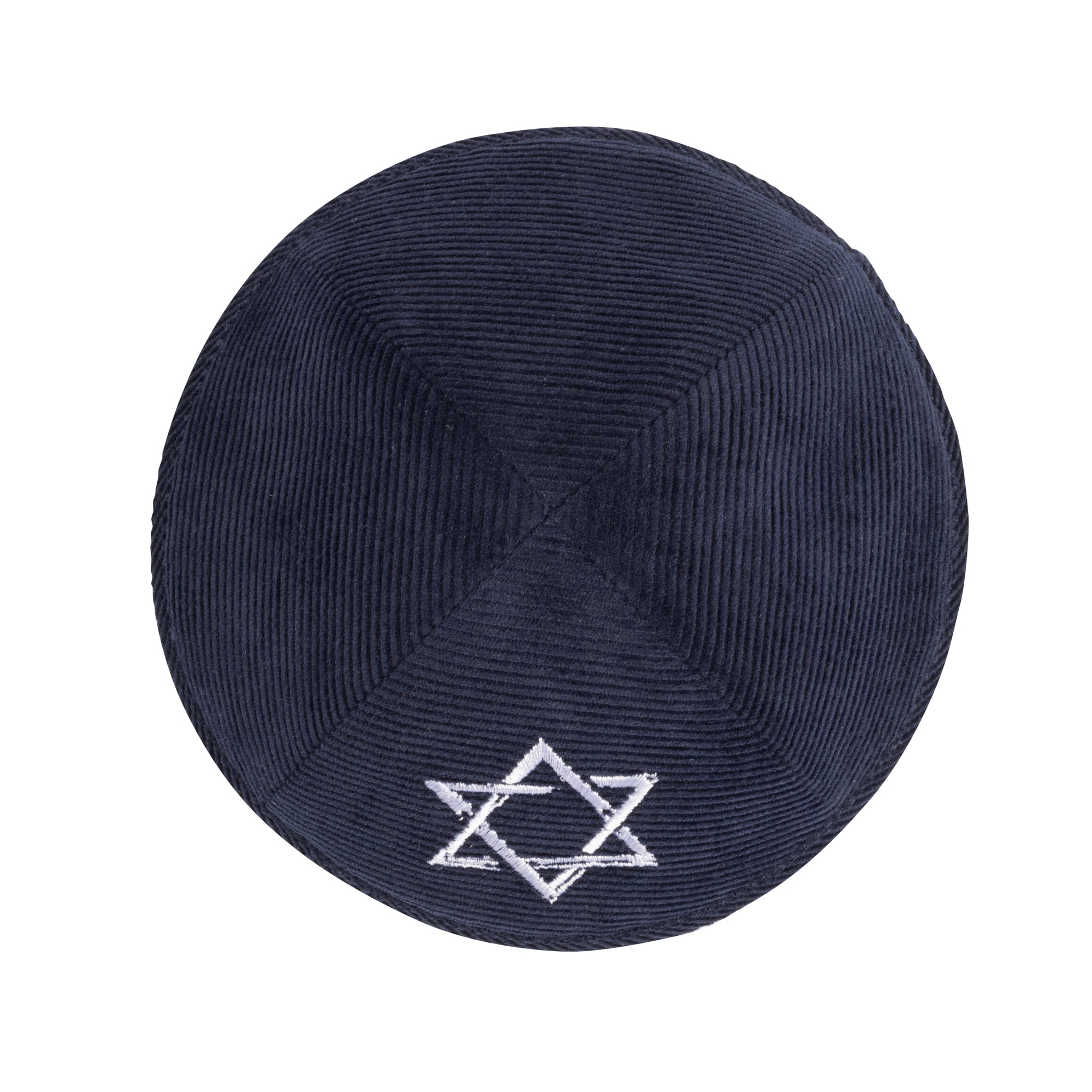Navy Corduroy Kippah - showing Israeli flag accent, six-panel construction