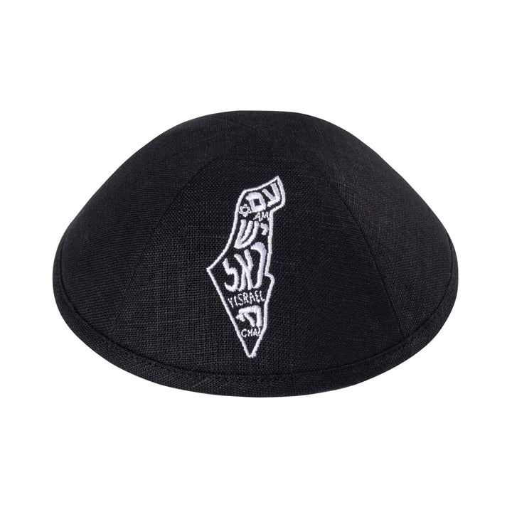 Map of Israel Kippah – Black Linen Yarmulke