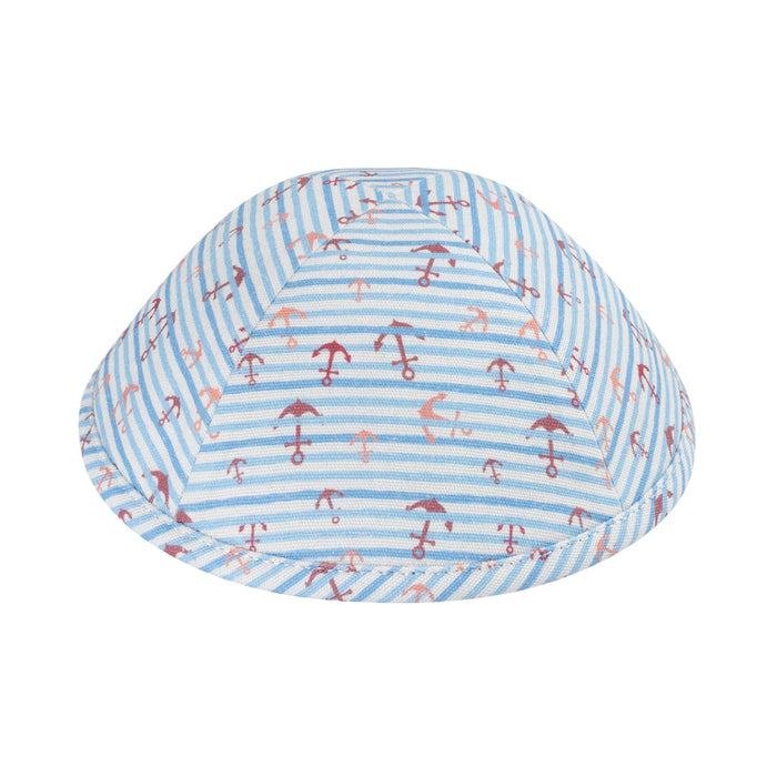 Boys nautical kippah — anchors on blue and white stripe cotton | Judaica Square Lakewood