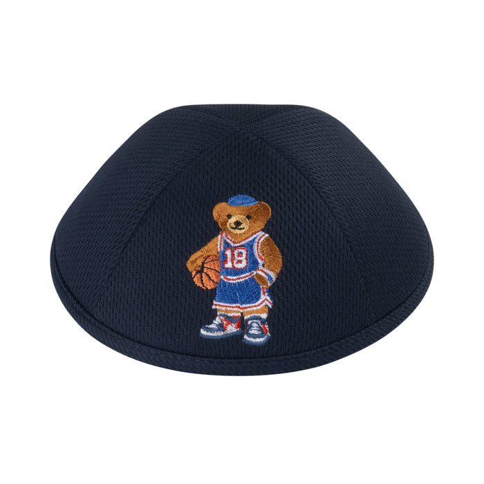 Basketball Dov Bear print kippah on cool navy mesh for boys – iKippah
