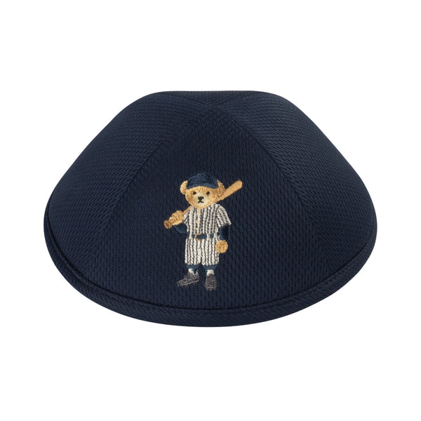Baseball Dov Bear print kippah on breathable navy mesh for boys – iKippah