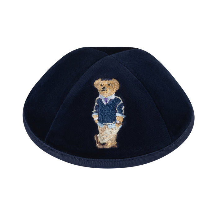 Classic Dov Bear print kippah on soft navy velvet for boys – iKippah