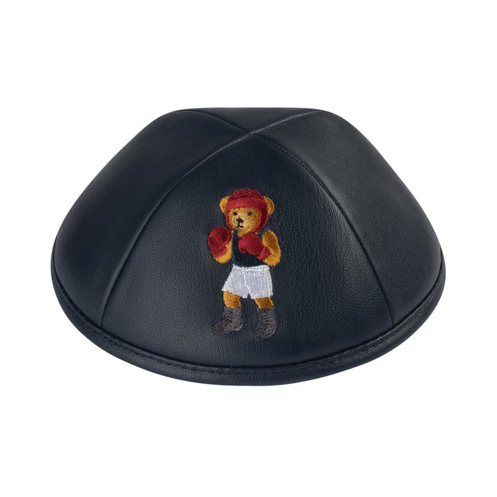 Boxing Dov Bear print kippah on rich navy faux leather for boys – iKippah