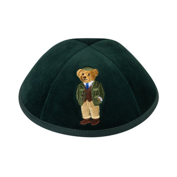 Dov Bear print kippah on soft green velvet for boys – iKippah