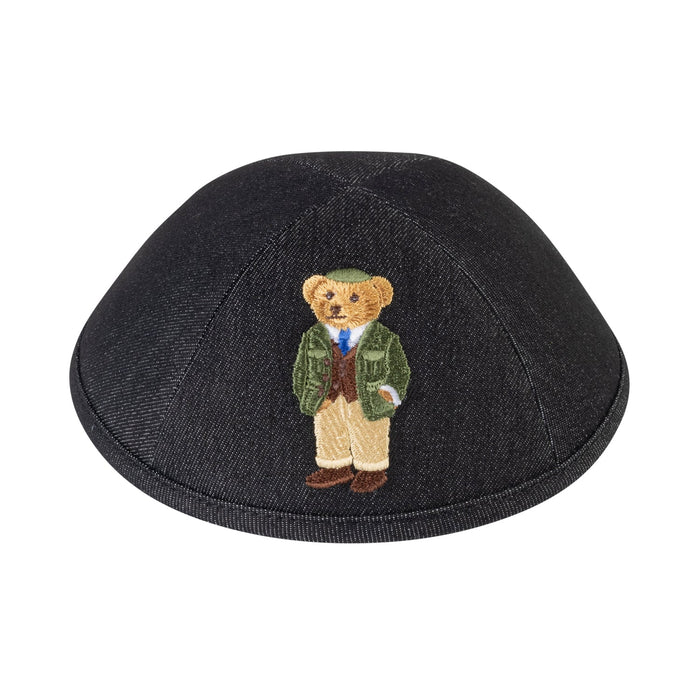 Dov Bear print kippah on rugged black denim for boys – iKippah