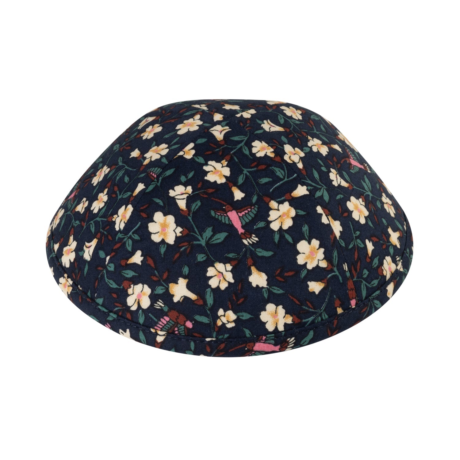 Bloom floral navy cotton kippah with cream blossoms and birds — iKippah yarmulke at Judaica Square Lakewood