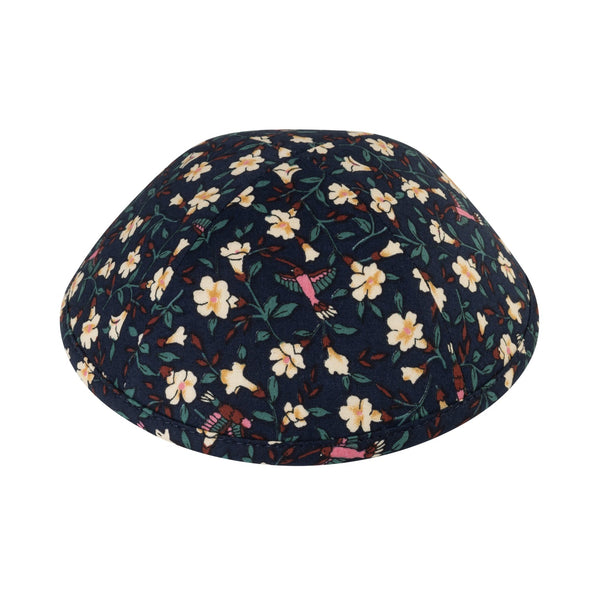 Bloom floral navy cotton kippah with cream blossoms and birds — iKippah yarmulke at Judaica Square Lakewood