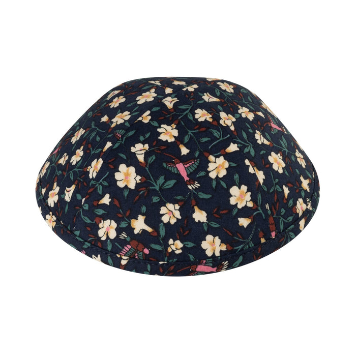 Bloom floral navy cotton kippah with cream blossoms and birds — iKippah yarmulke at Judaica Square Lakewood