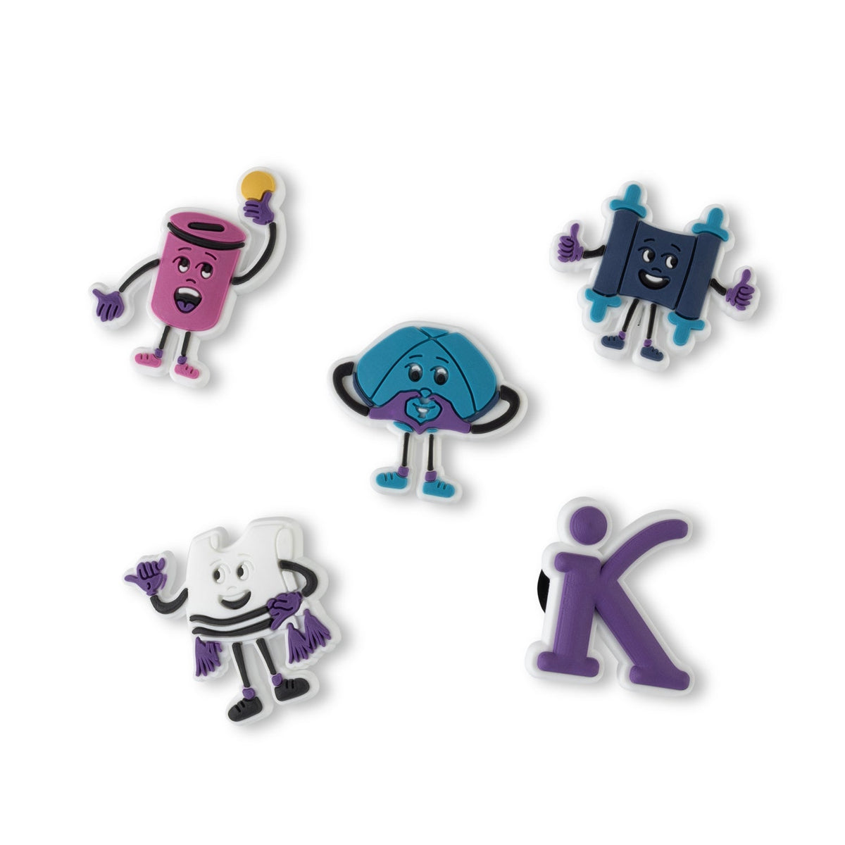 All five Jewbbitz charms laid out: tzedakah box, Torah scroll, kippah, tallis and purple iKippah K