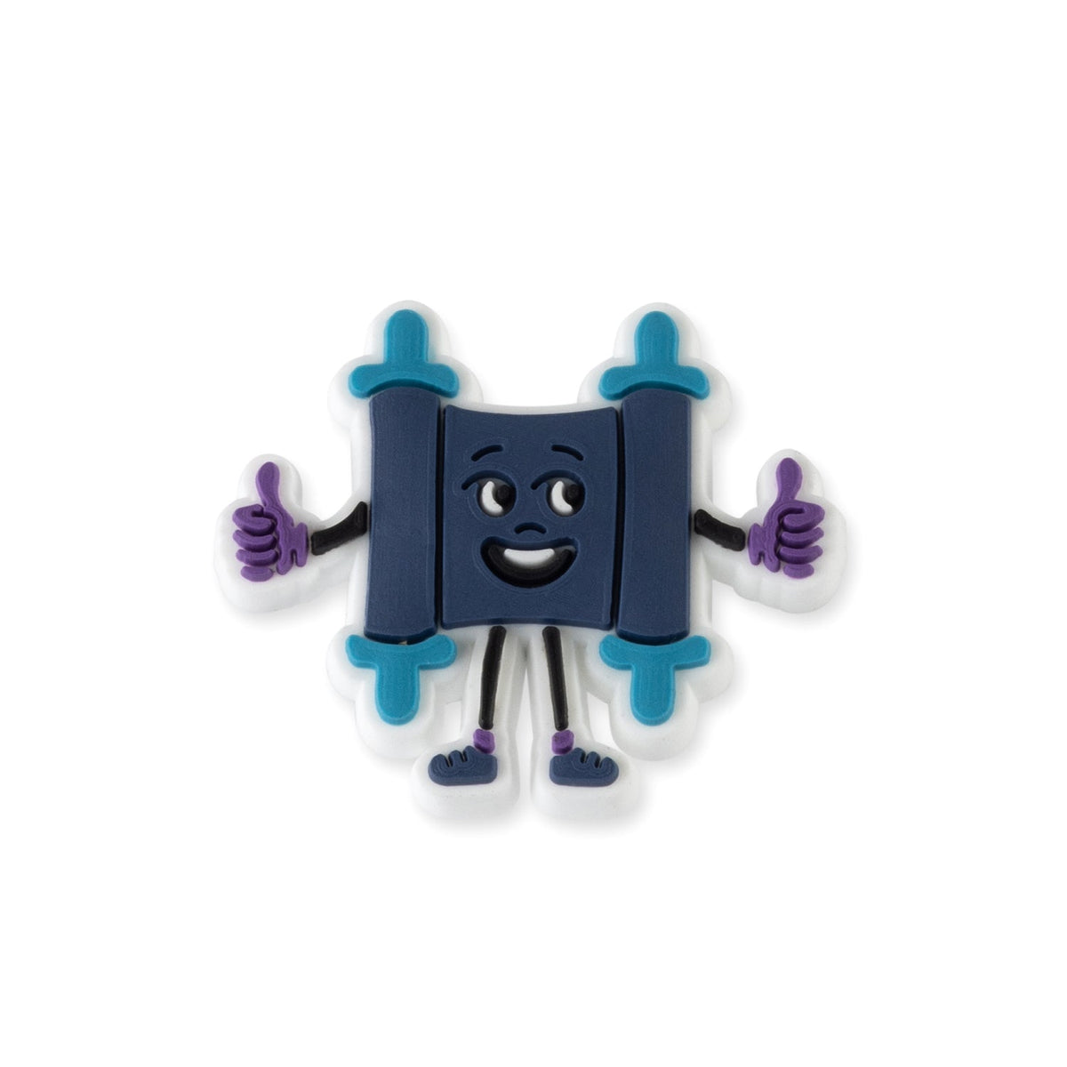 Close-up of the navy Torah scroll charm with teal rollers giving two thumbs up