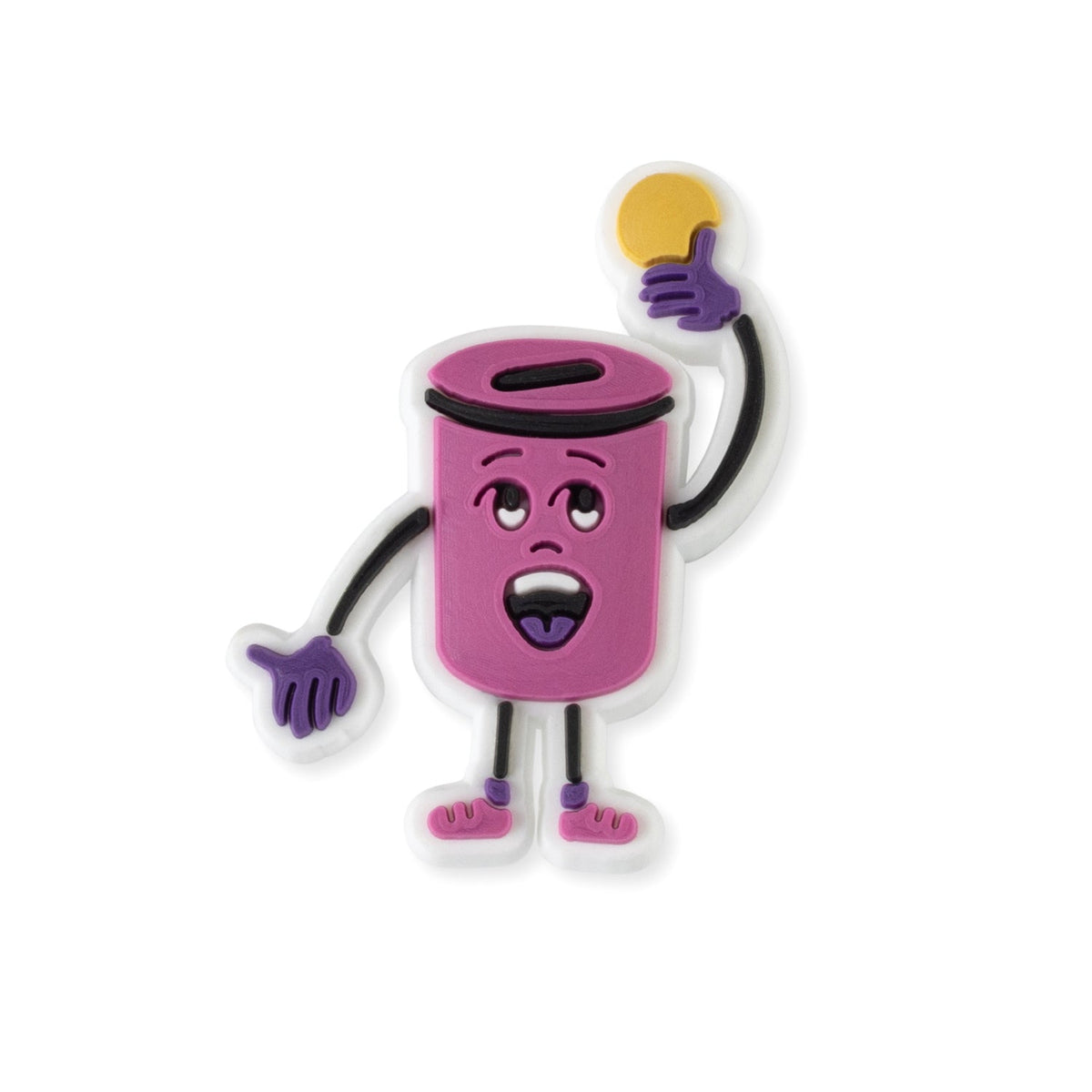 Close-up of the pink tzedakah box charm holding up a gold coin