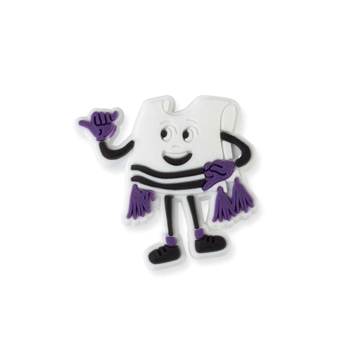 Close-up of the white tallis charm with black stripes and purple tzitzis fringes