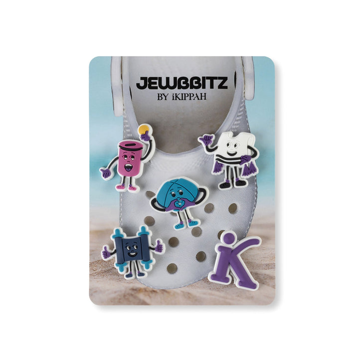 Jewbbitz by iKippah display card with five Jewish shoe charms pinned into a clog-style shoe