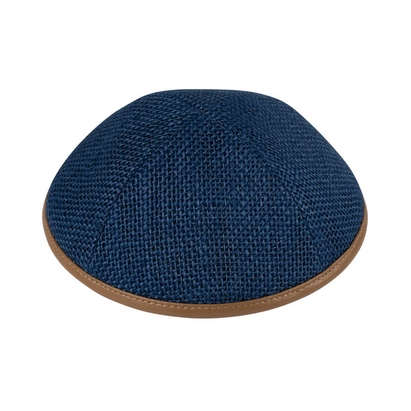 iKippah Navy Burlap w/ Camel Leather Rim Yarmulka