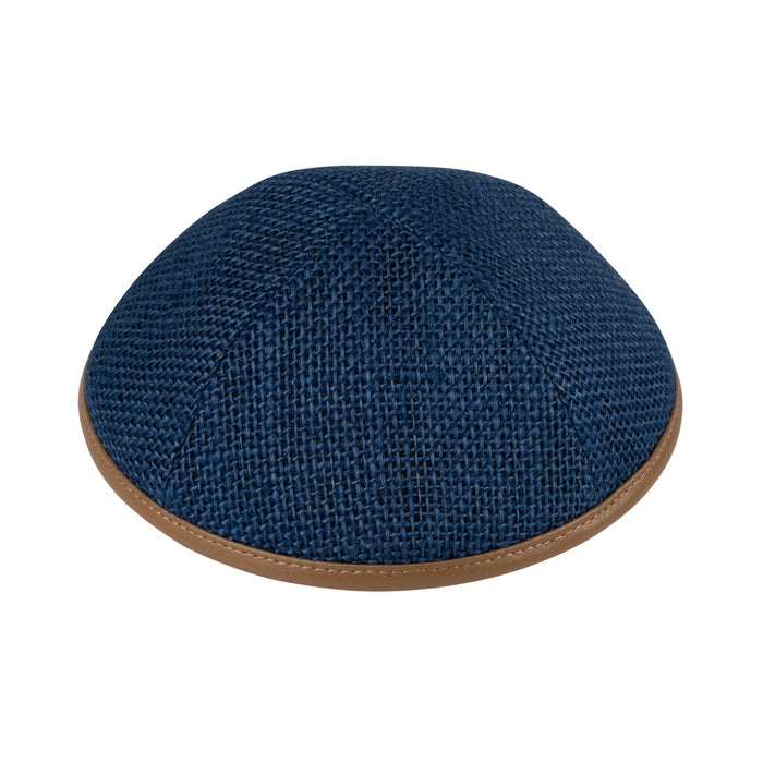 iKippah Navy Burlap w/ Camel Leather Rim Yarmulka