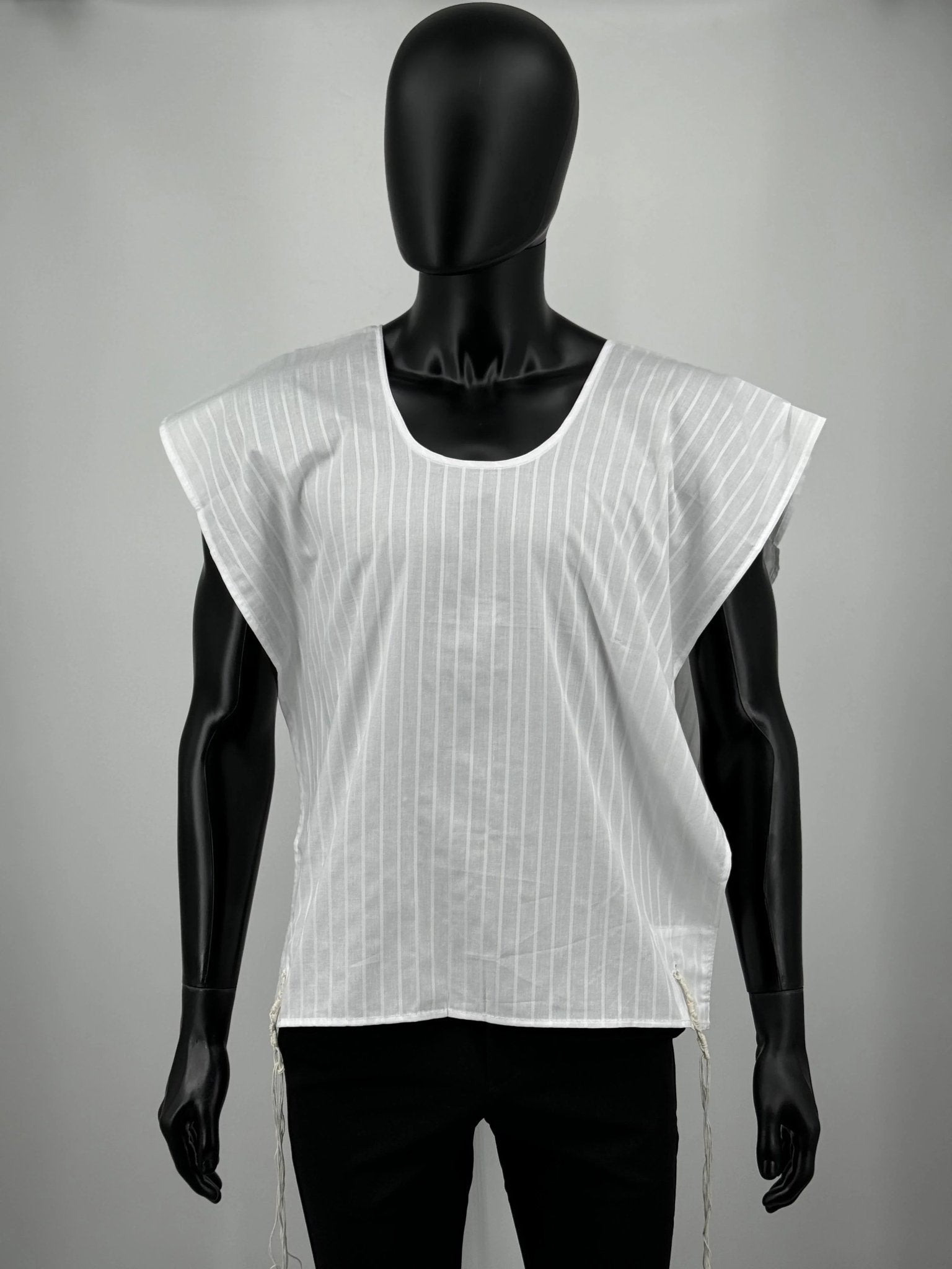 Boys' white cotton tallit katan on mannequin with V-neck and stripes