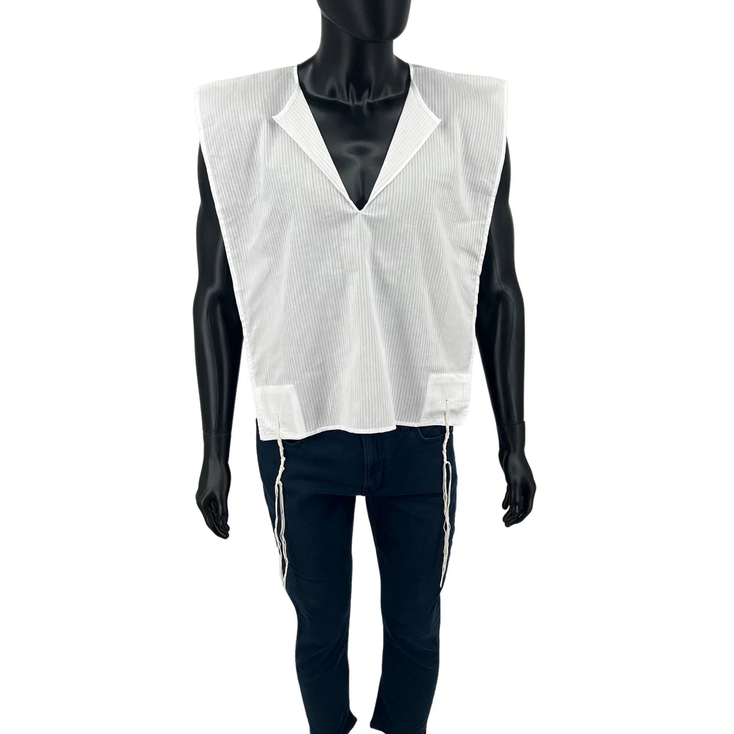 Boys' white cotton tallit katan on full mannequin with tzitzit strings