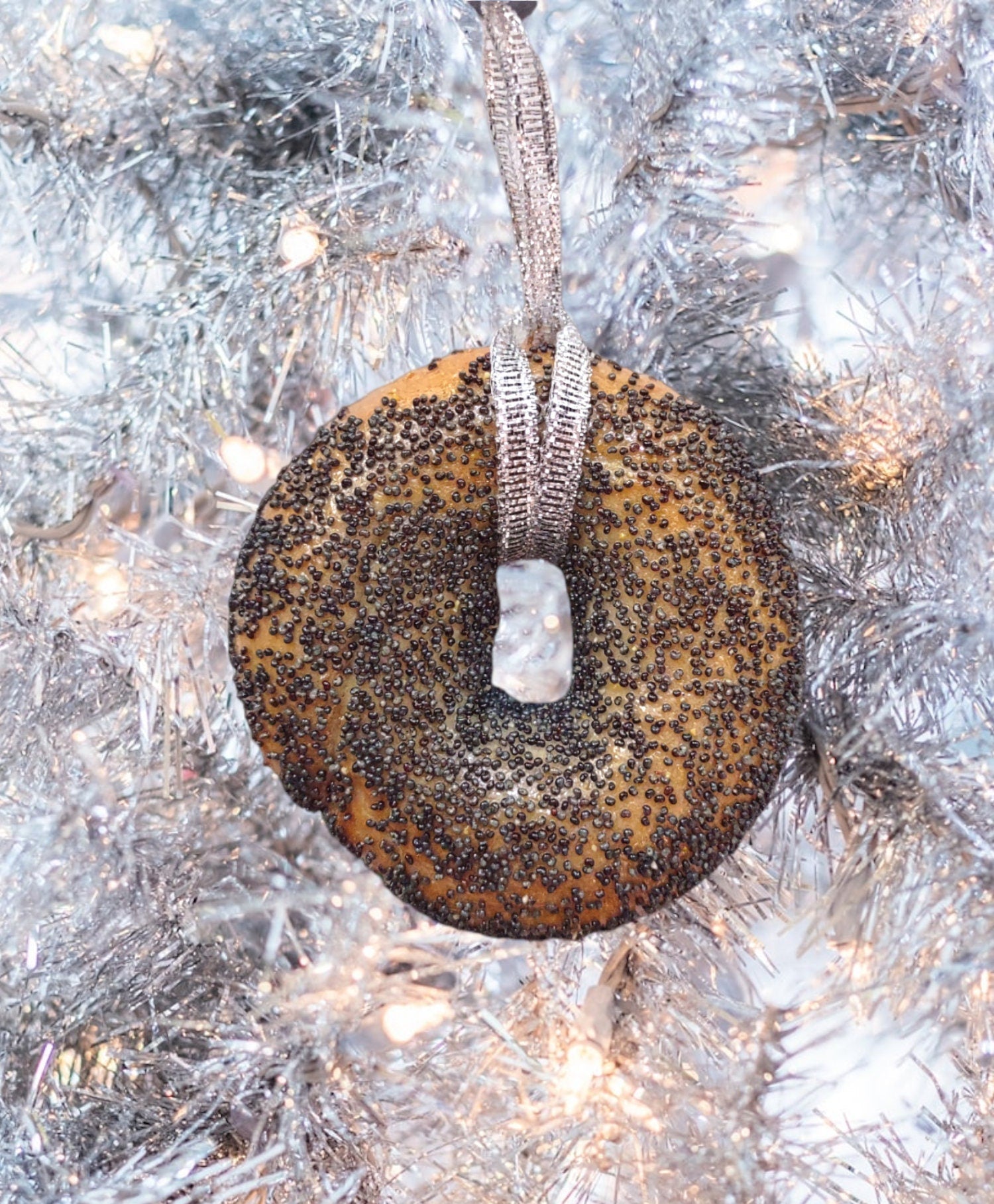 Real preserved everything bagel ornament hanging from a ribbon loop | Judaica Square Lakewood (view 5)