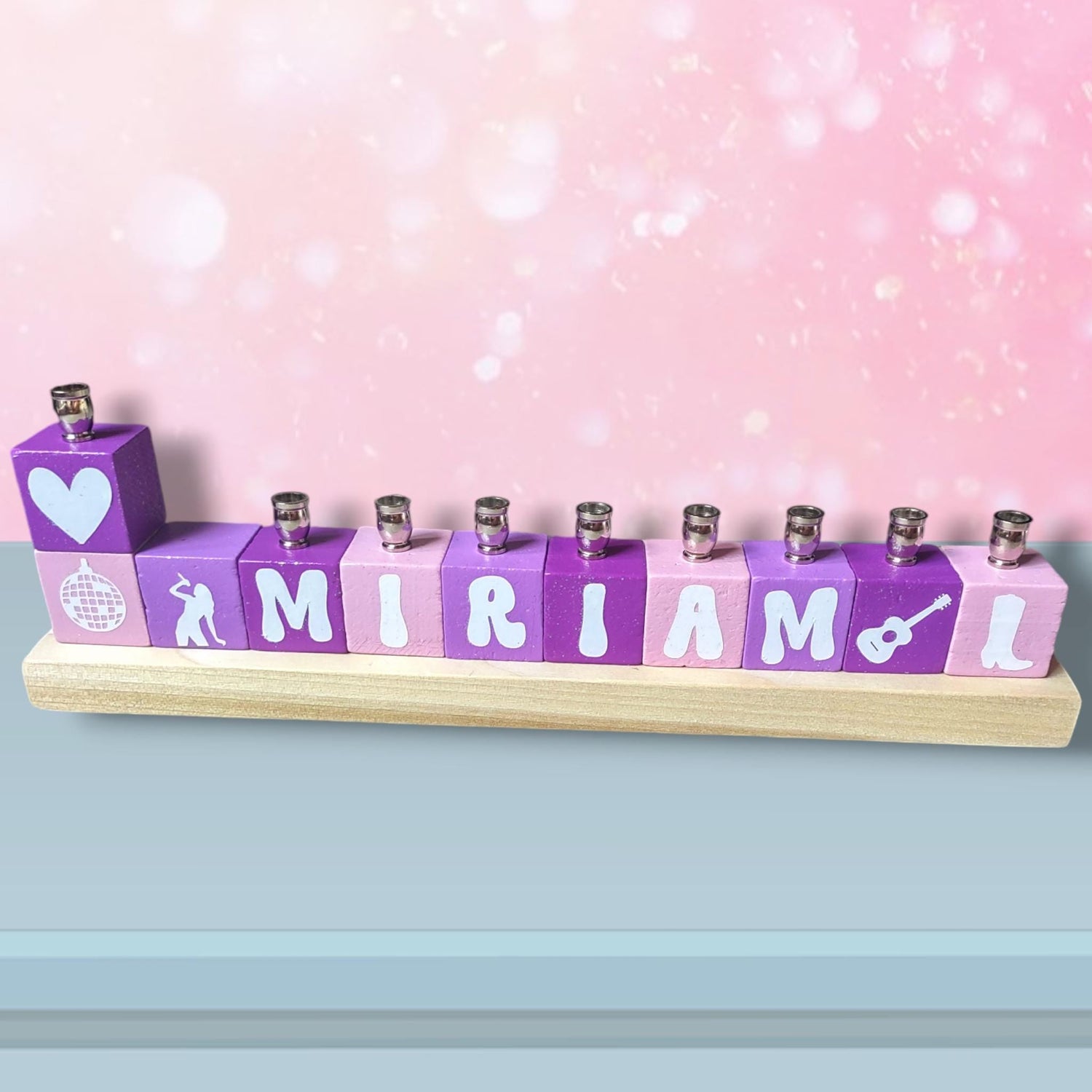 Swiftie menorah — personalized glitter name blocks in lavender with icons | Judaica Square Lakewood (view 3)