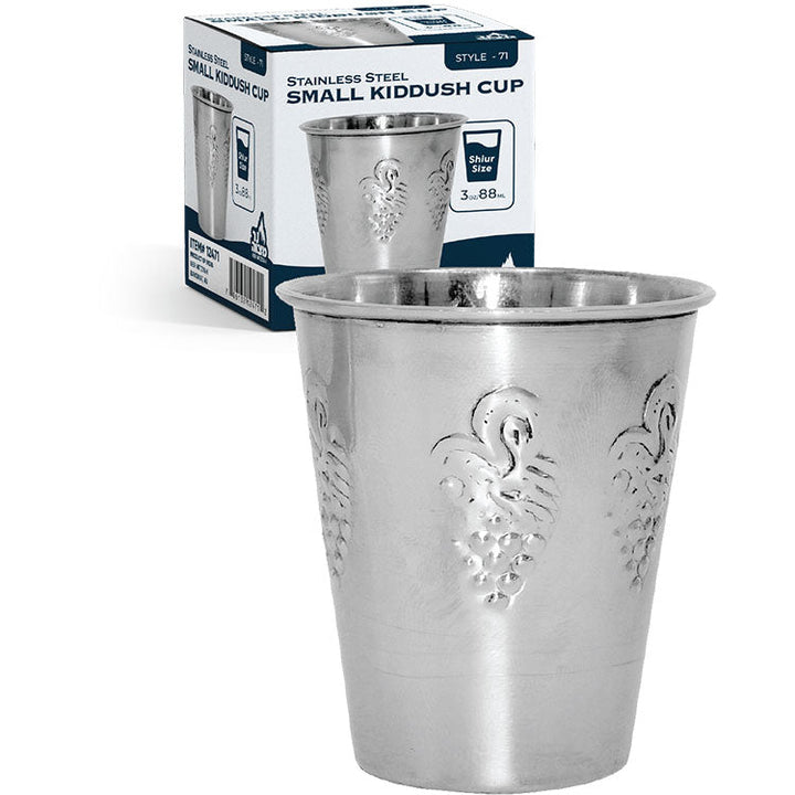 Three-ounce stainless steel mini Kiddush cup with a short stem