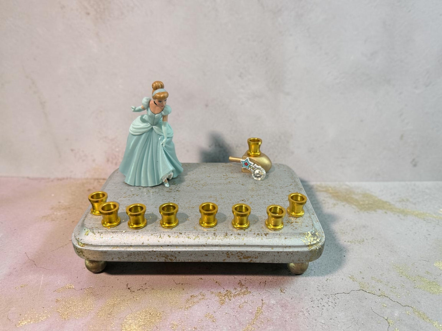 Cinderella menorah — Disney princess figurine on silver base with nine gold cups | Judaica Square Lakewood (view 12)