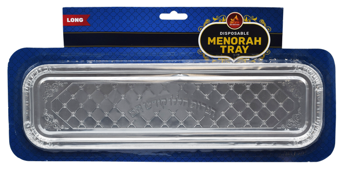 Long Disposable Menorah Tray — narrow foil drip tray under a menorah | Judaica Square Lakewood