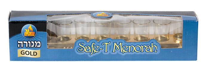 Gold Oil Menorah Strip with Fitted Glass Cups — straight gold bar with recessed glass cups | Judaica Square Lakewood