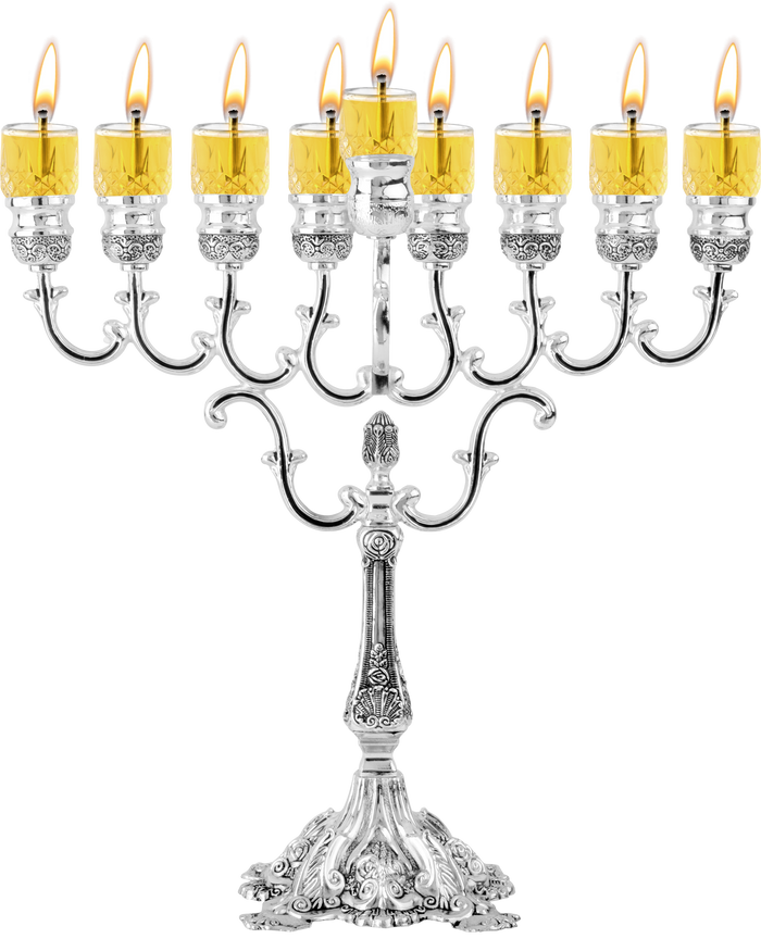 Silver-Plated Oil Menorah 13 inch — tall plated chanukiah with oil cups | Judaica Square Lakewood