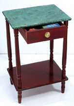 Marble Top Menorah Stand with Drawer — white marble surface on wood legs with a pull-out drawer | Judaica Square Lakewood