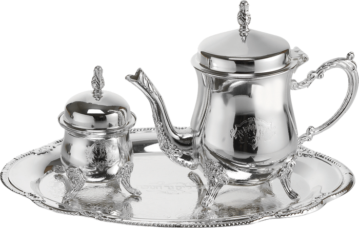 Silver Plated Kriegel Set — small oil pitcher and wick cup resting on a silver tray | Judaica Square Lakewood