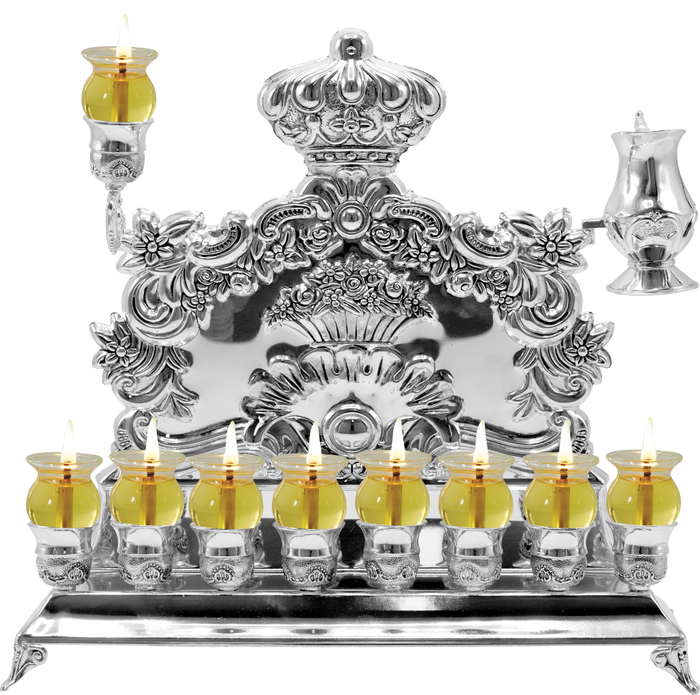 Silver Plated Wall Menorah — shallow backplate menorah with a row of oil cups | Judaica Square Lakewood