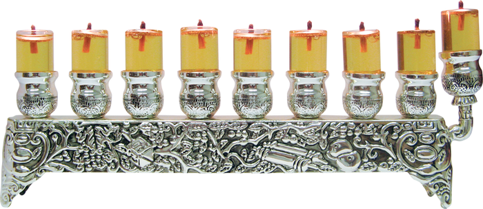 Silver-Plated Oil Menorah — low 3-inch bench-style plated menorah, 11 inches wide | Judaica Square Lakewood