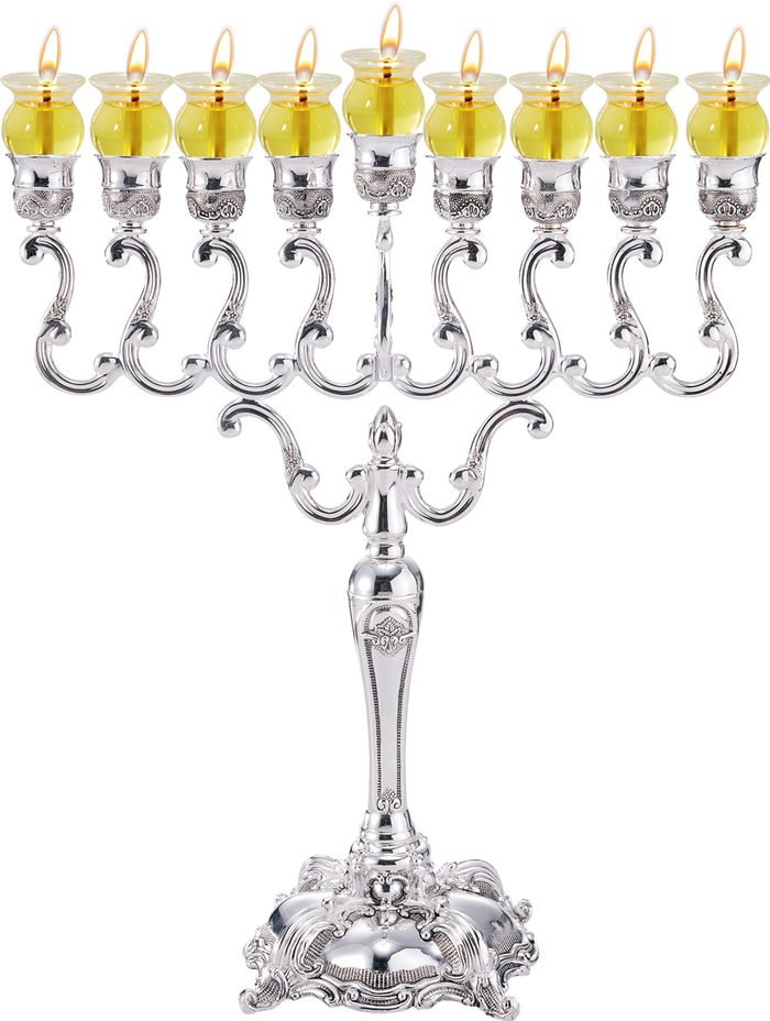 Silver Plated Oil Menorah — tall polished branched menorah with eight oil cups | Judaica Square Lakewood