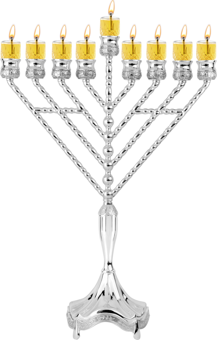 Silver-Plated Rambam Oil Menorah — bright silver straight-branch menorah with oil cups | Judaica Square Lakewood