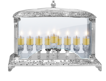 Nickel-Plated Menorah with Glass Walls — 14 inch menorah with clear glass side panels