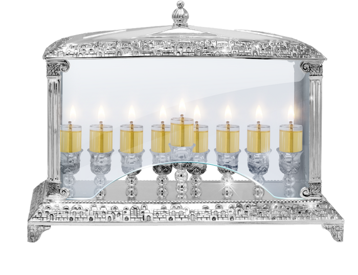 Nickel-Plated Menorah with Glass Walls — 14 inch menorah with clear glass side panels | Judaica Square Lakewood