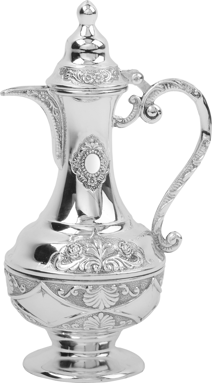 Shemen Zais Kreigel Oil Pitcher — 8" silver-plated pitcher with curved spout and handle | Judaica Square Lakewood